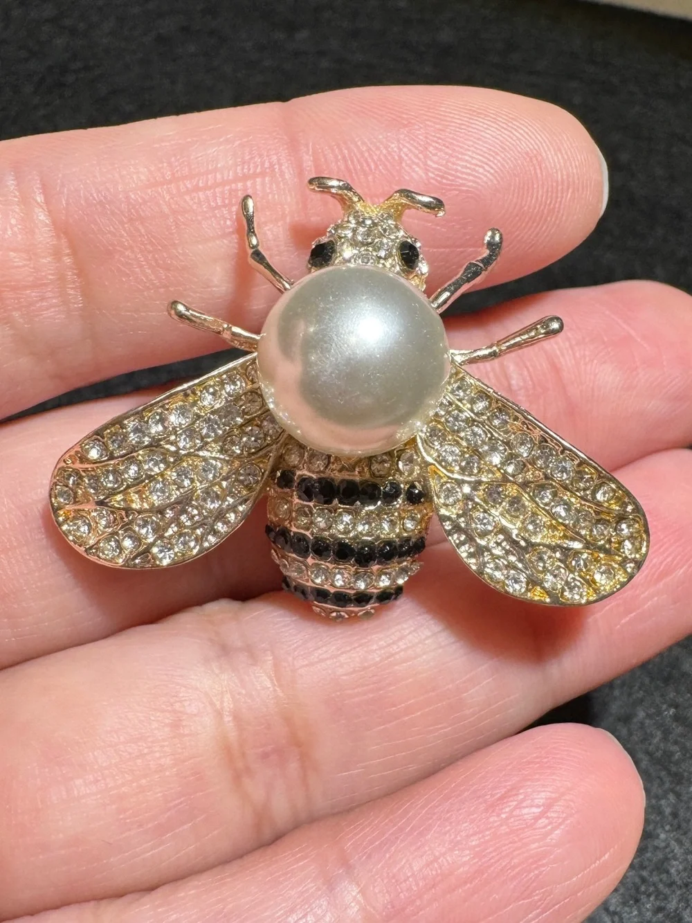 Gold Bee Brooch with Pearl Accent and Clear/Black Crystals